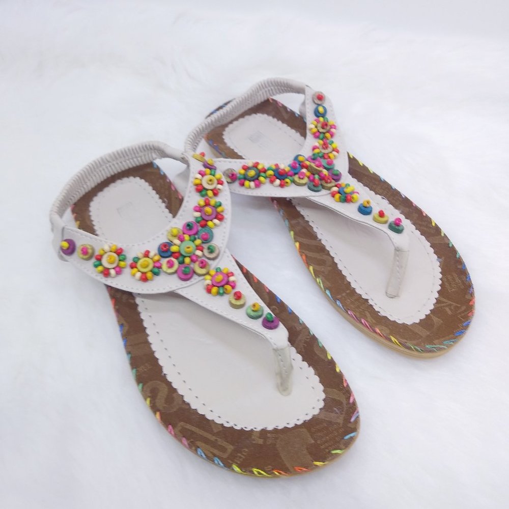 ESUO Leather Woods Beads Slide Thong Sandal